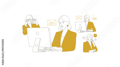Businesswoman Working on Computer in Office with Colleagues