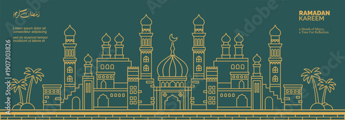 Ancient Arabic mosque monoline  landscape , Ramadan Kareem, Eid al-Fitr with green colored Arabic and Islamic icons