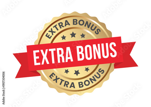 extra bonus golden badge, extra bonus sign, logo, icon, sticker, label, emblem, stamp, symbol, red, line, flat vector, isolated illustration