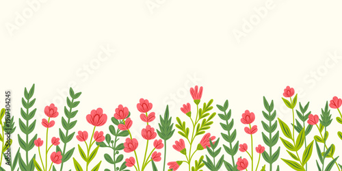Floral frame with red wild flowers. Botanical design, horizontal decoration. Blossoms, leaves, summer nature. Meadow wildflowers mix, decor. Flat vector illustration isolated on white background.