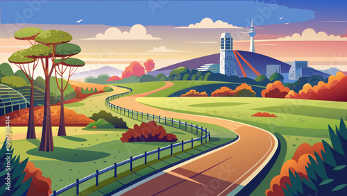 Very beautiful paved running trail around the Stanford Dish hills, with rolling landscapes, open sky, and distant campus skyline creating an active yet peaceful outdoor environment.