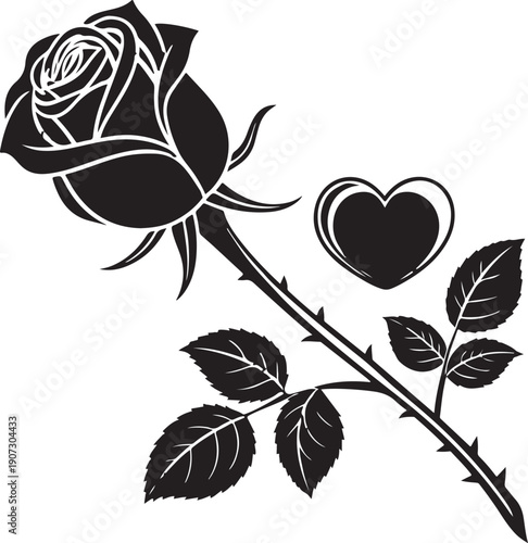 Single rose with heart silhouette vector minimalist romantic Valentine love symbol black isolated flat modern elegant design illustration