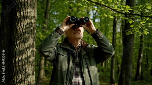 Senior Man Enjoys Birdwatching with Binoculars in Lush Green Forest