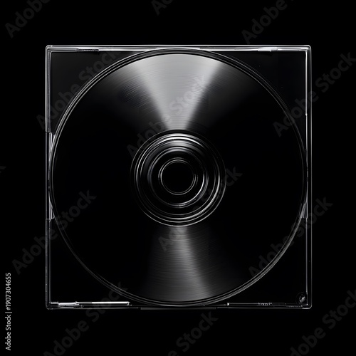 Minimalist transparent CD case with reflective compact disc isolated on black background studio lighting