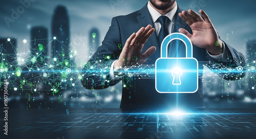 Cybersecurity and privacy concepts to protect data and encryption, secure internet network security technology. Businessman protecting personal data by Lock icon of cyber security