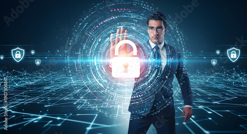 Cybersecurity and privacy concepts to protect data and encryption, secure internet network security technology. Businessman protecting personal data by Lock icon of cyber security