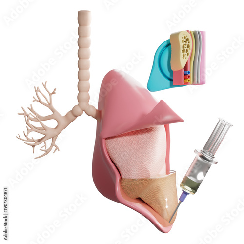 Pleura layers and pleural effusion with thoracentesis syringe. 3D illustration.