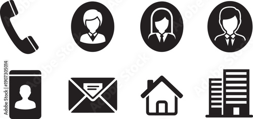 Set of vector silhouette design icons for business communication and office bundle of black symbols
