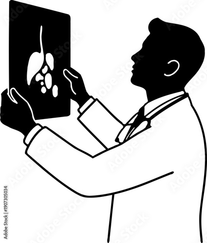 A silhouette of a doctor examining an x-ray on transparent background