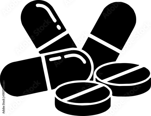 A black and white vector graphic of pills and capsules on transparent background silhouette