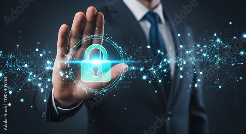 Cybersecurity and privacy concepts to protect data and encryption, secure internet network security technology. Businessman protecting personal data by Lock icon of cyber security