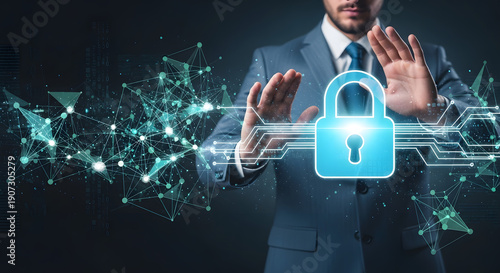 Cybersecurity and privacy concepts to protect data and encryption, secure internet network security technology. Businessman protecting personal data by Lock icon of cyber security