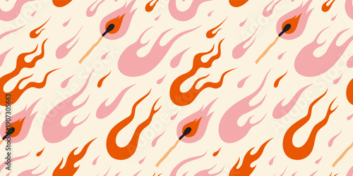 Seamless pattern with various flames, fire and match in y2k aesthetic, vintage cartoon, old school tattoo style. Trendy modern vector illustration on light background, hand drawn, flat design