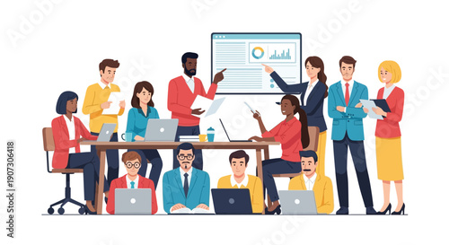 Diverse business team collaborating in a modern office meeting setting