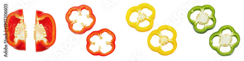 Tableau sur toile Set of Sliced Bell Pepper Rings, Fresh Organic Red Yellow and Green Capsicum Col