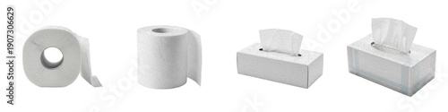 Set of White Paper Products, Toilet Tissue Rolls and Facial Tissue Box Collection for Hygiene and Household Cleaning, Isolated PNG on White Background