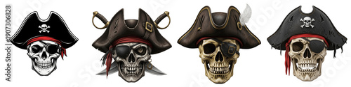 Schilderij op canvas Set of Pirate Skulls in Tricorn Hats with Eyepatches, Jolly Roger Skeleton Capta