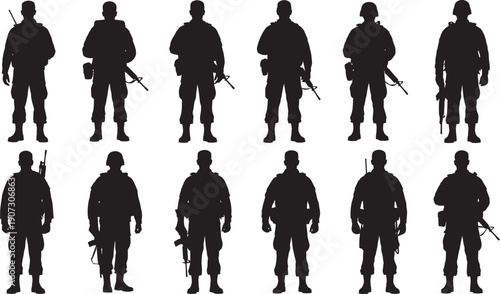 Silhouettes of soldiers in various poses isolated on transparent background
