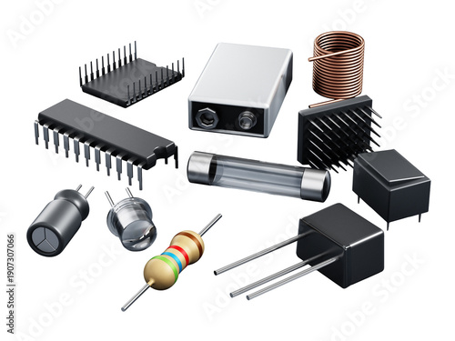 Spare electronic parts on transparent background. 3D illustration