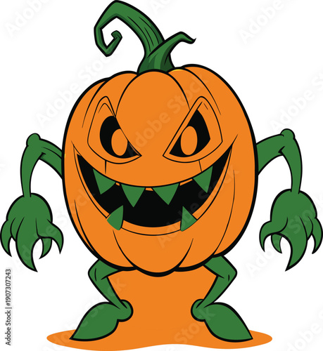 Spooky cartoon jack o lantern monster with green limbs and face