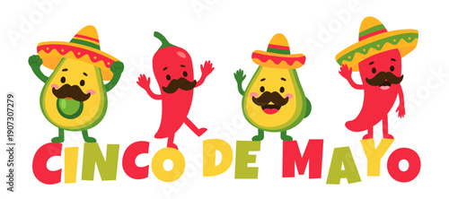 Cinco de Mayo Dancing Avocado and Chili Pepper Characters in Sombreros Vector Illustration