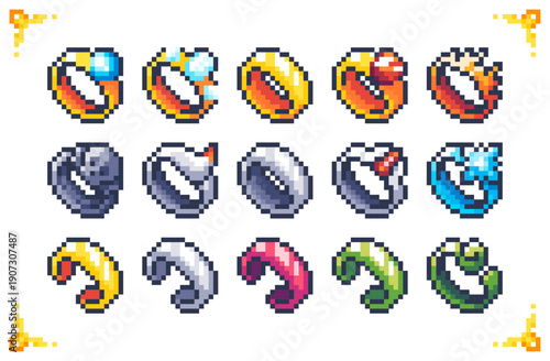 A set of pixel art magic ring icons: gold, silver, gem-set, and elemental bands. Ideal for RPG equipment slots, loot drops, and character accessory UI.