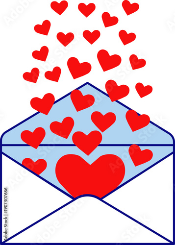 An open email, from which a large number of red hearts flew out — love, passion, desire — on a white background