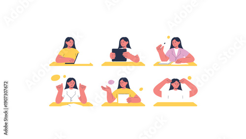 Woman Working on Laptop with Various Emotions in Office