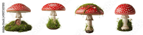 Red Amanita Muscaria Mushroom Collection, Magical Forest Toadstools with Green Moss, Fairytale Fantasy Garden Decor, Isolated PNG on White