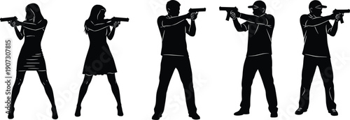 Silhouette Vector Illustrations of Men and Women Aiming Handguns and Pistols for Shooting Range Tactical Training and Self Defense Concepts