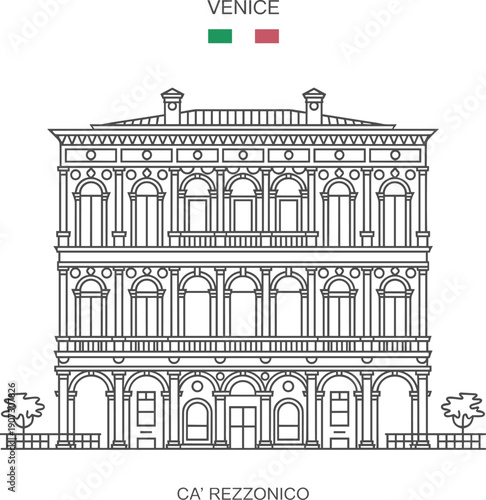 Ca’ Rezzonico Venice historic palace illustration Venetian architecture Italian landmark museum facade line art travel building heritage drawing