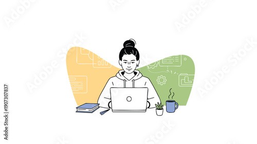 Woman Working on Laptop with Cup and Books in Modern Office