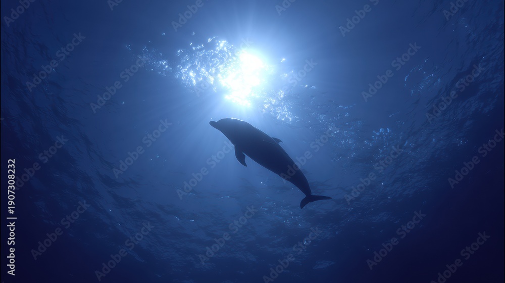 Obraz premium Dolphin Swims Away in Deep Blue Water as Light Filters From Above