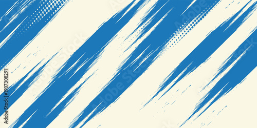 Grunge grainy blue brush stroke with spray texture. Hand drawn distress damaged vintage banner with zigzag bold line. Rough thick brush stroke texture. Spray paint effect vector background.