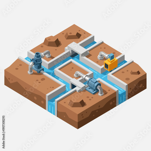 Isometric illustration of robots excavating a complex underground tunnel system.