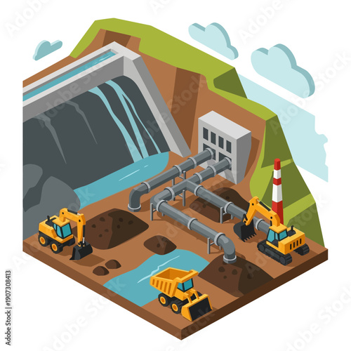 Hydroelectric Dam Construction Site with Machinery and Pipelines.