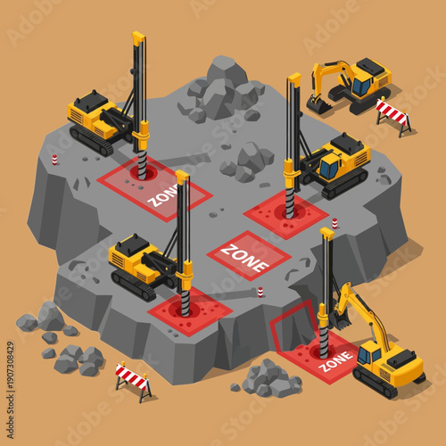 Isometric illustration of construction site with drilling machines on rocky terrain.