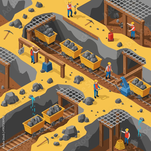 Underground Coal Mine with Workers and Mining Equipment.
