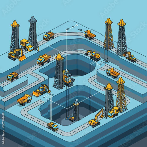 Isometric illustration of an oil refinery with machinery and infrastructure.