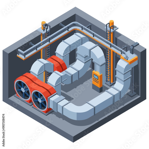 Isometric illustration of industrial machinery and piping system.