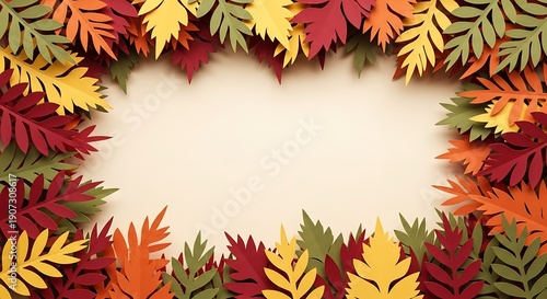 Paper crafting technique creates vibrant border composition of fall foliage surrounding a central copy space