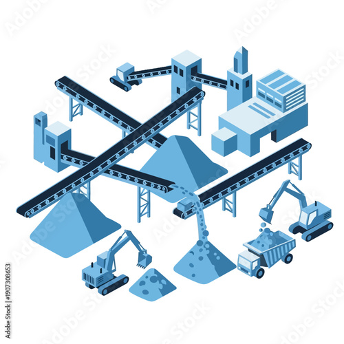 Industrial construction site with machinery and conveyor belts.
