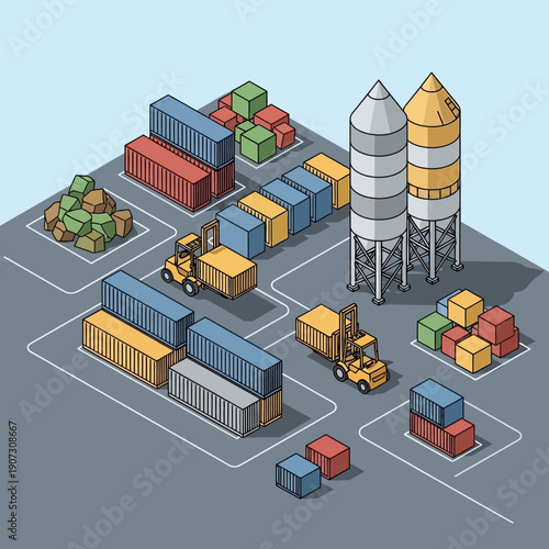 Isometric illustration of a bustling shipping yard with containers and forklifts.