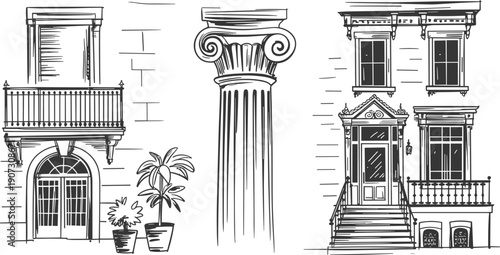 Vintage architectural facade illustration balcony column classical building exterior sketch ornamental european house detail line art historic design drawing