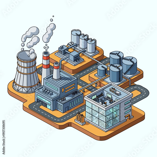 Isometric illustration of a nuclear power plant with various industrial structures.