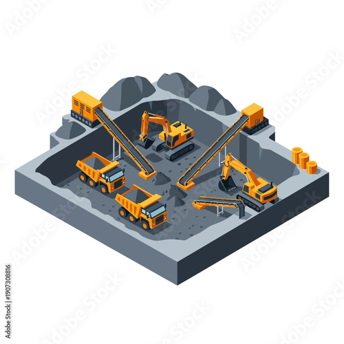 Isometric illustration of construction site with heavy machinery and vehicles.
