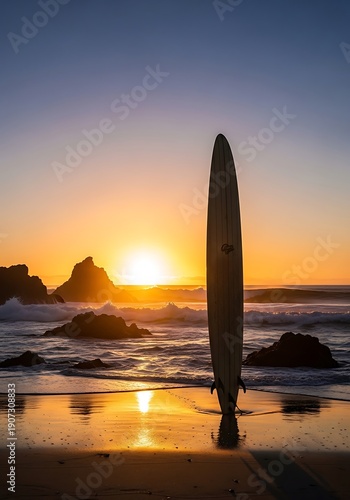 Tall surfboard standing upright on wet sand against a dramatic ocean sunset backdrop