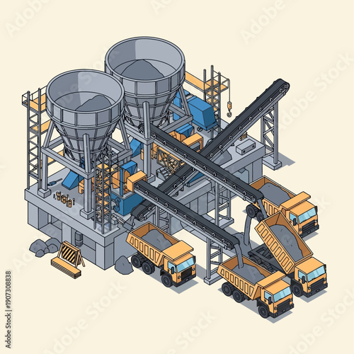Industrial construction site with concrete mixing plant and trucks.