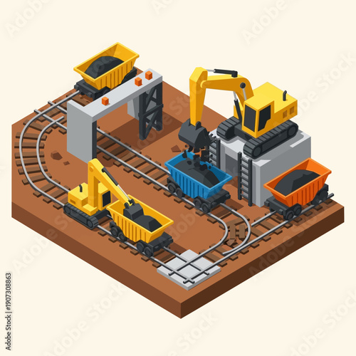 Isometric illustration of industrial mining equipment and railcars on a brown platform.