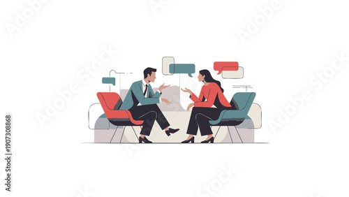Businessman and Businesswoman Talking in Office